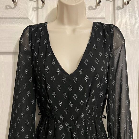 Poetry Black Boho Pattern Romper with Sheer Sleeves Size Small - Picture 2 of 8